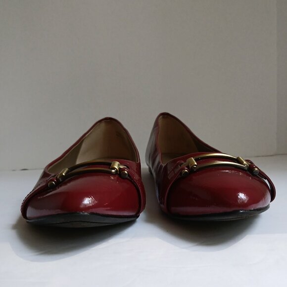 Burgundy Patent PointedToe Ballet Flats wth Burnished Gold Horsebit Buckle Sz11 - Picture 3 of 12